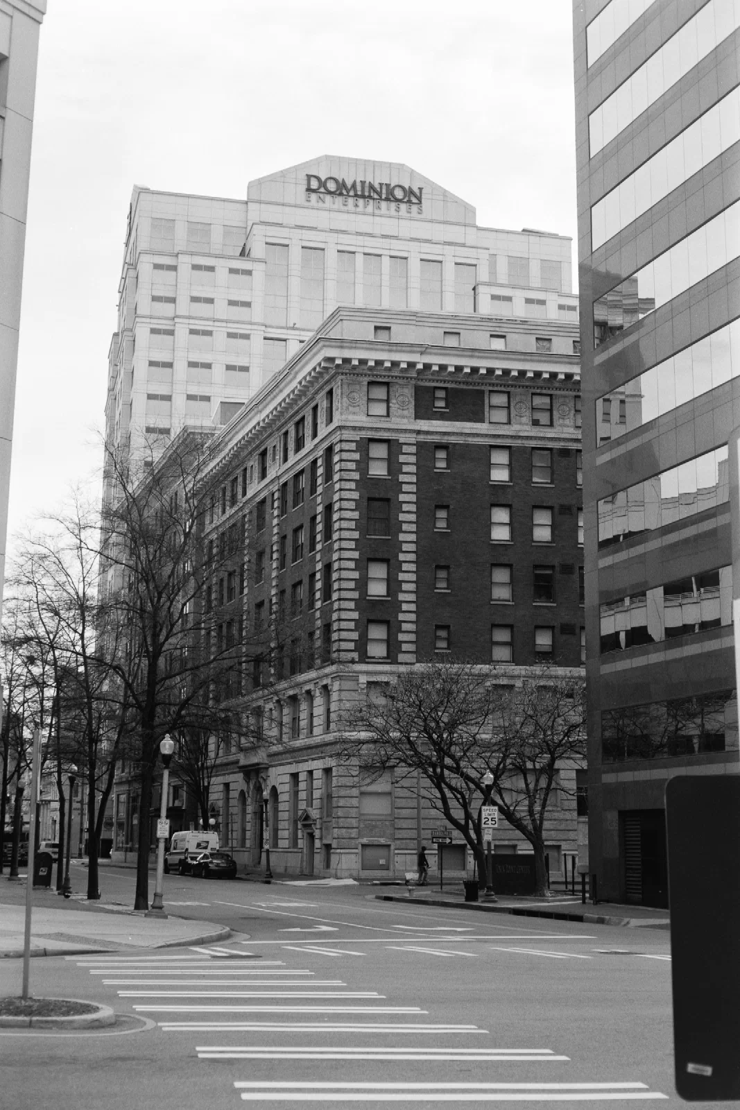Dominion Enterprises building above older downtown buildings