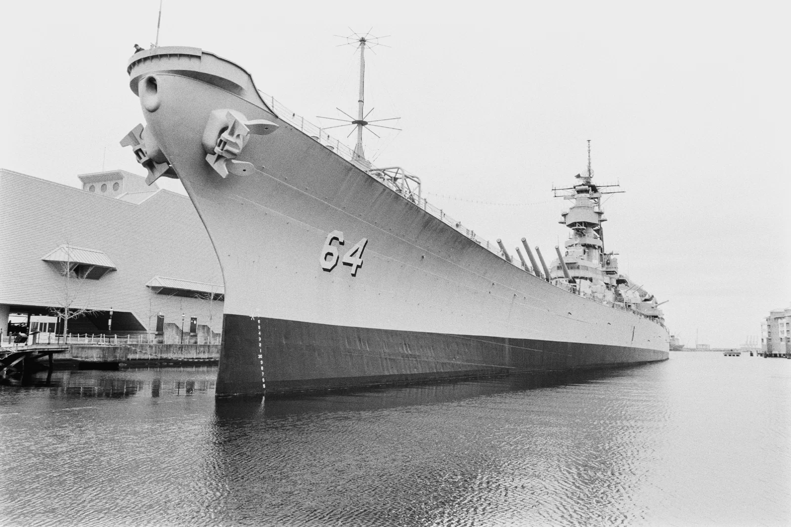 Battleship Wisconsin docked on the water